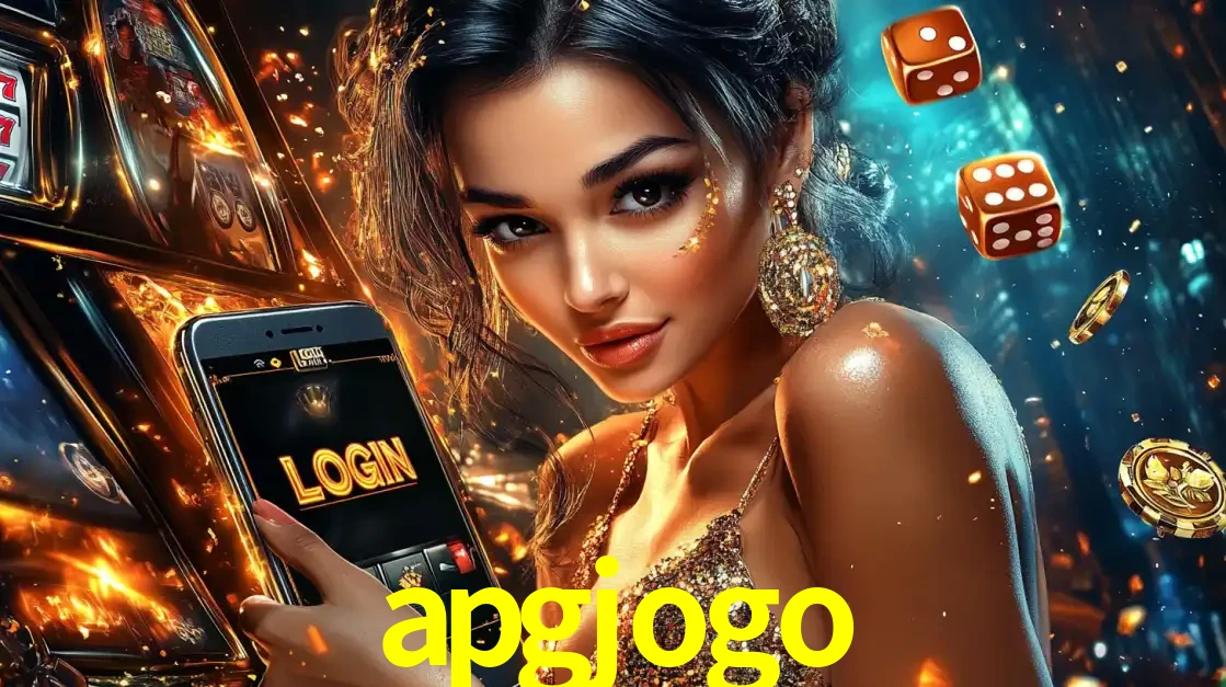 Mulher glamourosa segurando um celular com a tela de login do cassino apgjogo, rodeada por dados e moedas douradas, pronta para começar a diversão.