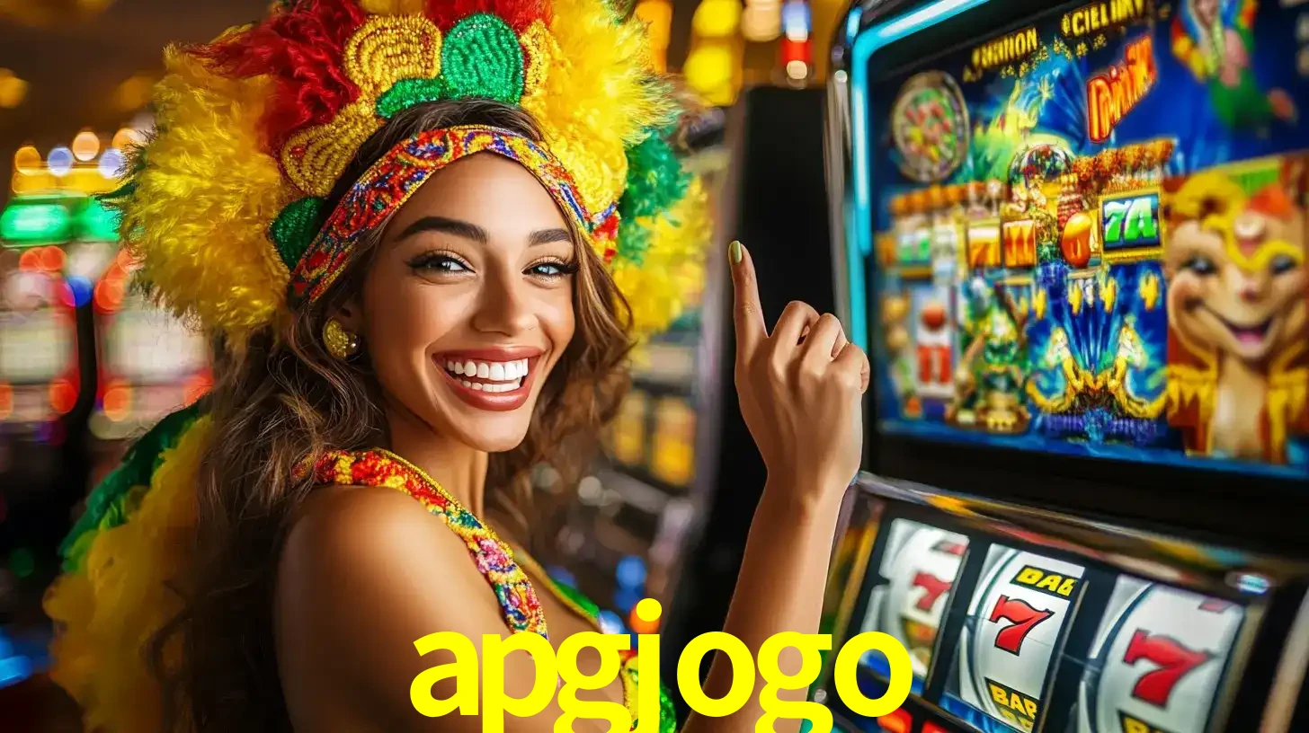 Mulher animada com um cocar de carnaval apontando para uma máquina de caça-níqueis, mostrando a emoção de ganhar um grande prêmio nos jogos do apgjogo.