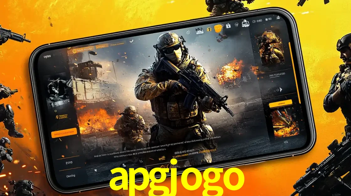 Um smartphone exibindo a interface de um jogo de tiro em primeira pessoa, com um soldado em um cenário de batalha, representando a ação dos e-sports para apostar no apgjogo.