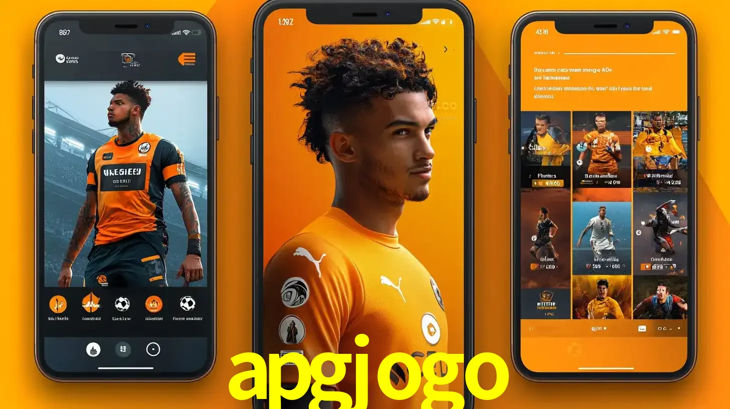 Interface do aplicativo de apostas esportivas apgjogo em três telas de celular, mostrando o perfil de um jogador de futebol e a lista de jogos disponíveis para apostar.